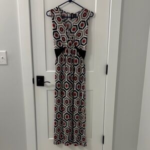 New Directions Geometric Maxi Dress with Red and Black Accents